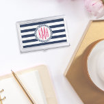 Preppy Nautical Navy & White Stripe Pink Monogram Business Card Holder<br><div class="desc">This preppy-chic business card holder features wide navy blue and white nautical stripes,  a circular rope badge,  and your three-initial monogram in hot magenta pink. Gorgeous colour combo of pink and navy and the perfect way to add some nautical style to your office accessories!</div>