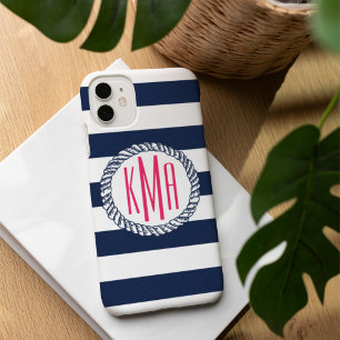 Preppy Nautical Navy & White Stripe Pink Monogram iPhone 16 Case