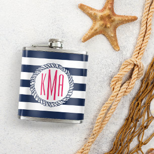 Preppy Nautical Navy & White Stripe Pink Monogram Hip Flask