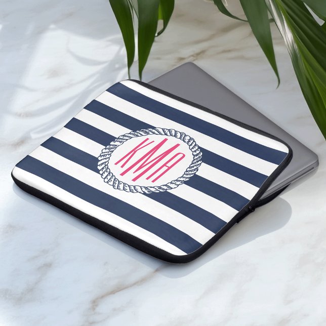 Preppy Nautical Navy & White Stripe Pink Monogram Laptop Sleeve (Creator Uploaded)