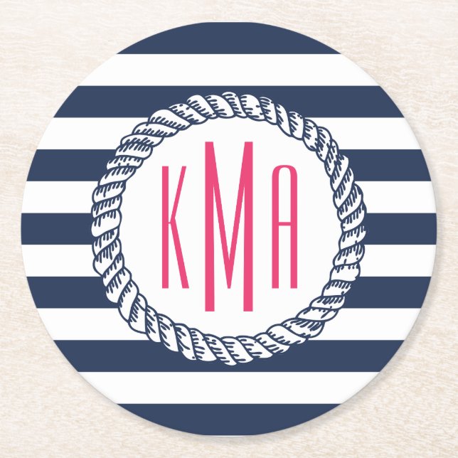 Preppy Nautical Navy & White Stripe Pink Monogram Round Paper Coaster (Front)