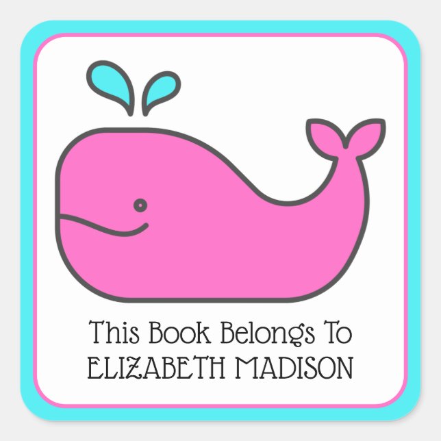 Preppy Nautical Pink and Aqua Whale Bookplate Square Sticker (Front)