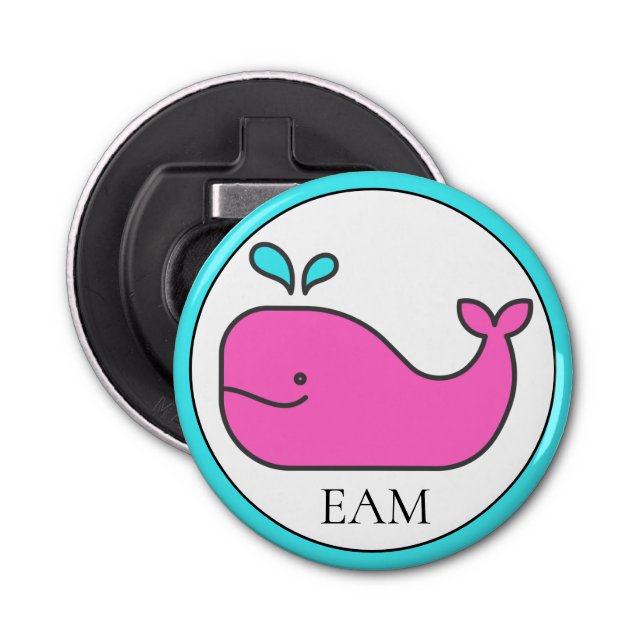 Preppy Nautical Pink and Aqua Whale Monogram Bottle Opener (Front)
