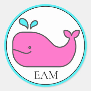 Preppy Nautical Pink and Aqua Whale Monogram Classic Round Sticker