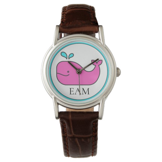 Preppy Nautical Pink and Aqua Whale Monogram Watch (Front)