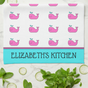 Preppy Nautical Pink and Aqua Whale Personalised Tea Towel