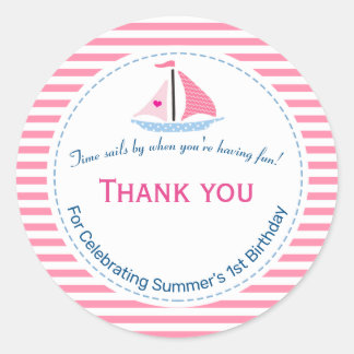 Preppy Nautical Pink Sail Away Birthday Thank You Classic Round Sticker