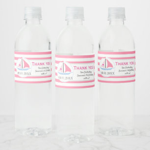 Preppy Nautical Pink Sail Away Birthday Thank You Water Bottle Label