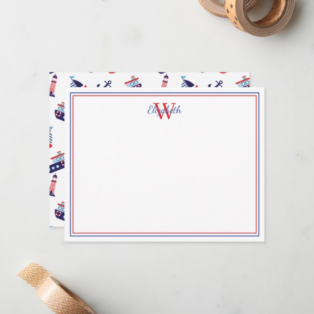 Preppy Nautical Sailboats Monogram Card (Front/Back In Situ)