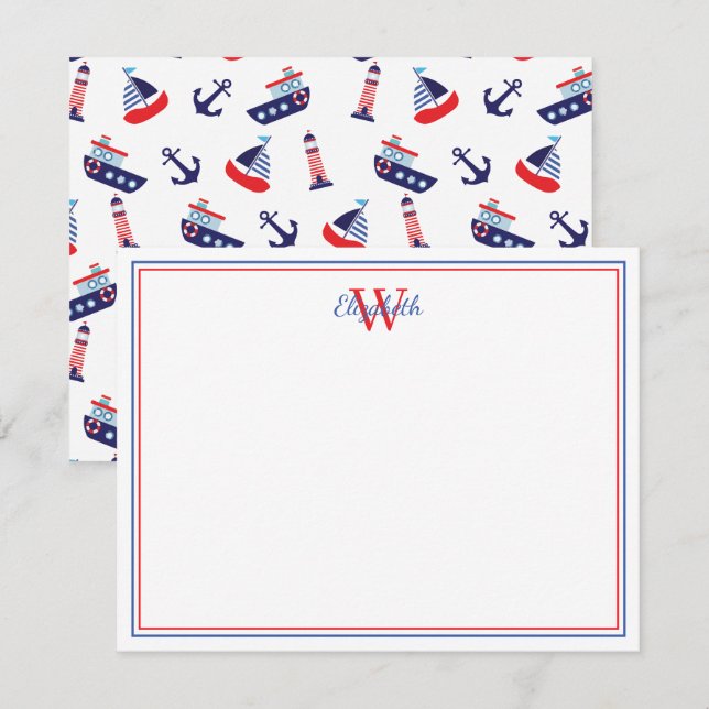 Preppy Nautical Sailboats Monogram Card (Front/Back)