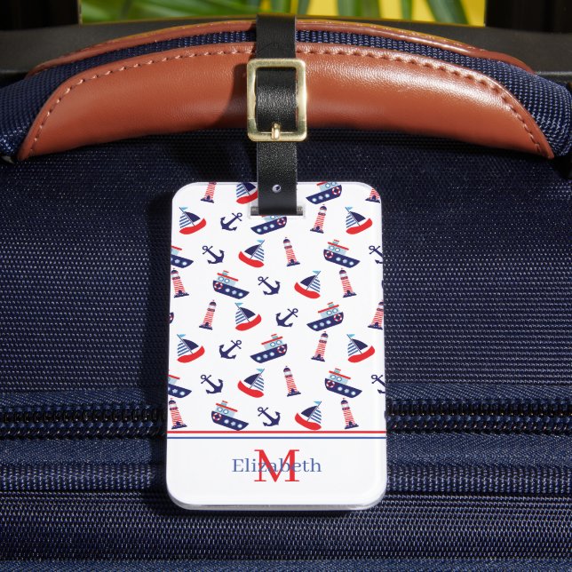 Preppy Nautical Sailboats Monogram Luggage Tag (Front Insitu 2)