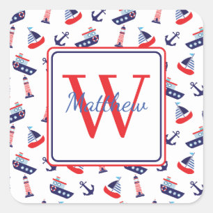 Preppy Nautical Sailboats Monogram Square Sticker