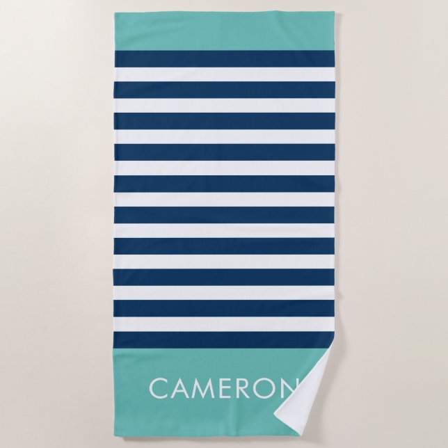 Preppy Nautical Stripe Navy Turquoise Name Beach Towel (Front)