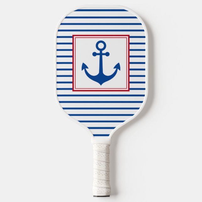 Preppy Nautical Stripes and Anchor Personalised Pickleball Paddle (Front)