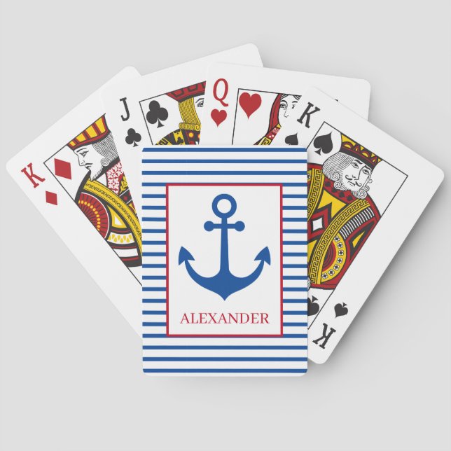 Preppy Nautical Stripes and Anchor Personalised Playing Cards (Back)