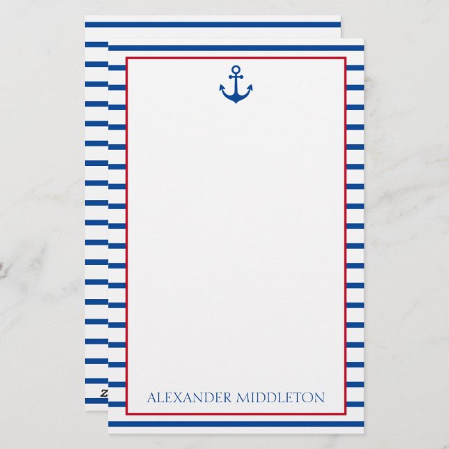 Preppy Nautical Stripes and Anchor Personalised Stationery (Front/Back)