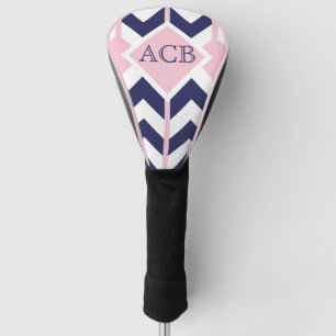 Preppy  Navy and Pink Chevron Ladies Monogram Golf Head Cover