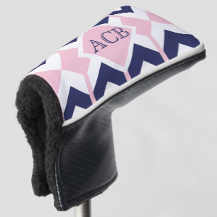 Preppy  Navy and Pink Chevron Ladies Monogram Golf Head Cover