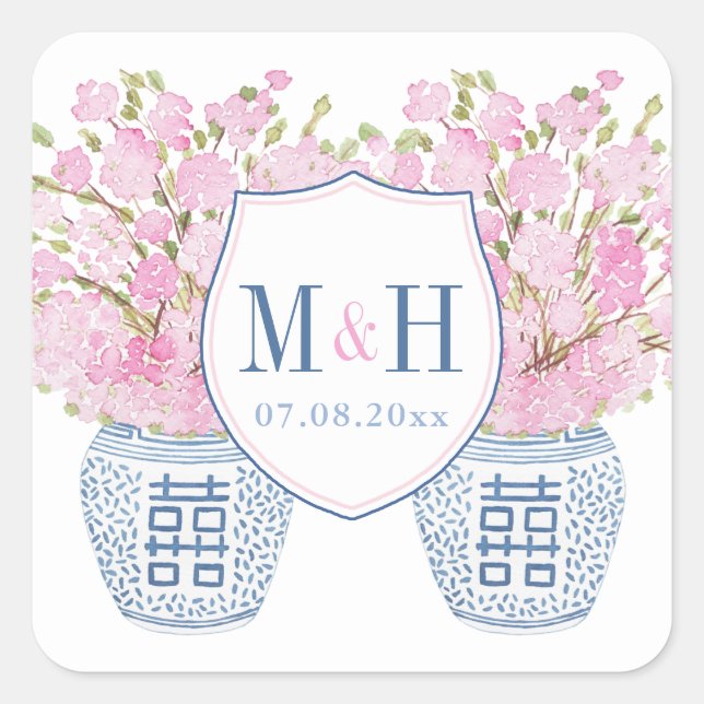 Preppy Navy And Pink Initials And Wedding Date Square Sticker (Front)