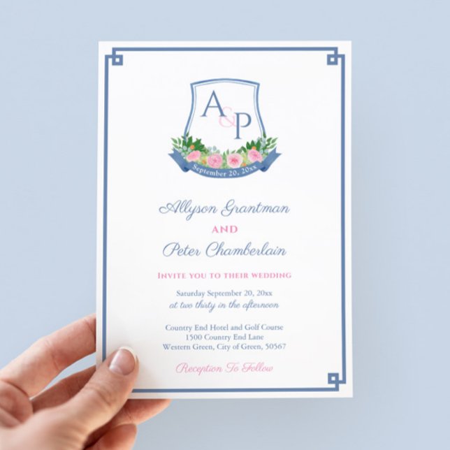 Preppy Navy and Pink Monogram Crest Wedding Invitation (Hand-painted in watercolor navy blue and bold pink roses monogram wedding crest save the date card)