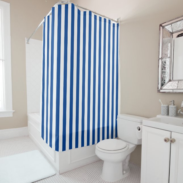  Preppy Navy and White Stripes Geometric Pattern Shower Curtain (In Situ)