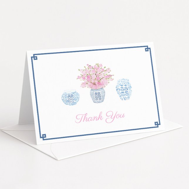 Preppy Navy Blue And Pink Ginger Jars Baby Shower Thank You Card (Dark blue and white watercolor ginger jar vase filled with pink sakura cherry blossom flowers)