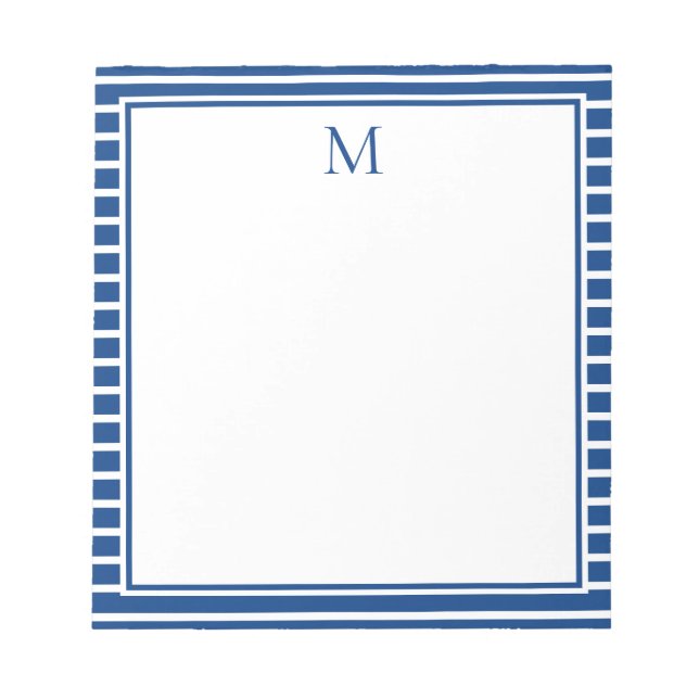 Preppy Navy Blue and White Stripe Monogram Notepad (Front)