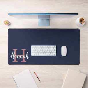 Preppy Navy Blue Pink Initial Monogram Name Desk Mat
