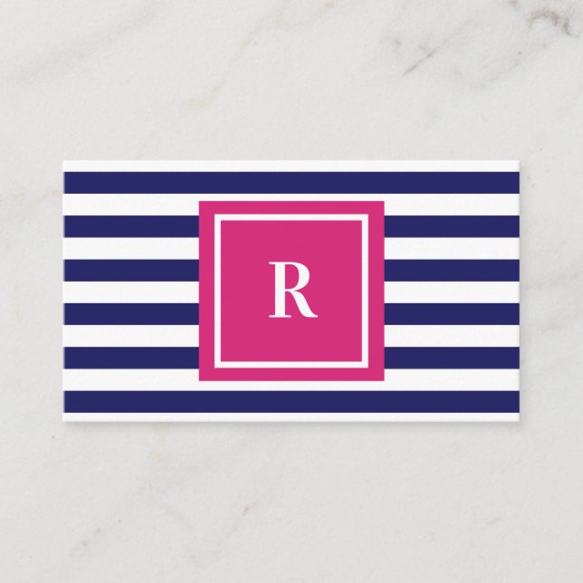 Preppy Navy Blue Stripes & Hot Pink Monogram Business Card (Front)