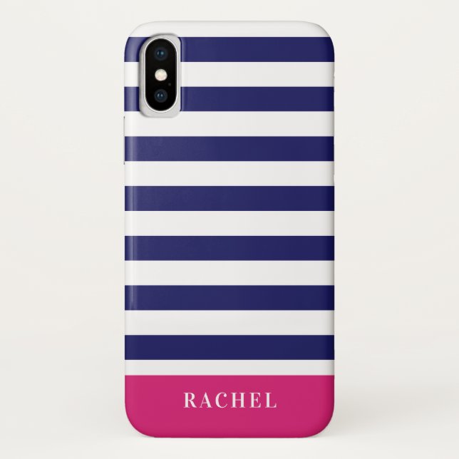 Preppy Navy Blue Stripes & Hot Pink Monogram Case-Mate iPhone Case (Back)
