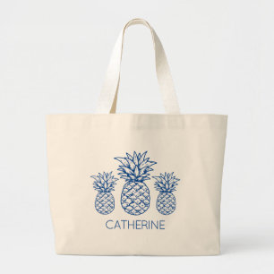 Preppy Navy Blue Tropical Pineapple Personalised Large Tote Bag