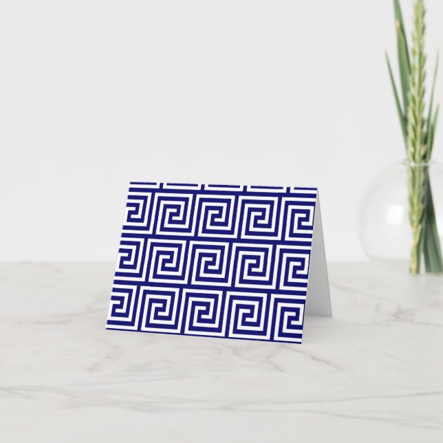 Preppy Navy Blue White Greek Key Pattern Card (Front)