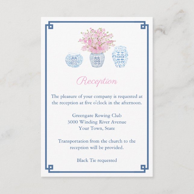 Preppy Navy & Blush Ginger Jar Wedding Reception Enclosure Card (Front)