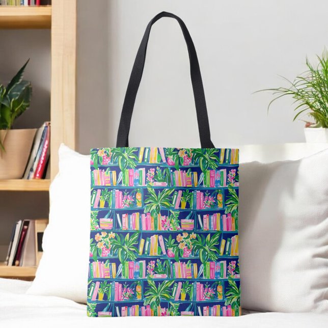Preppy Navy Bookcase Tropical  Tote Bag (Creator Uploaded)