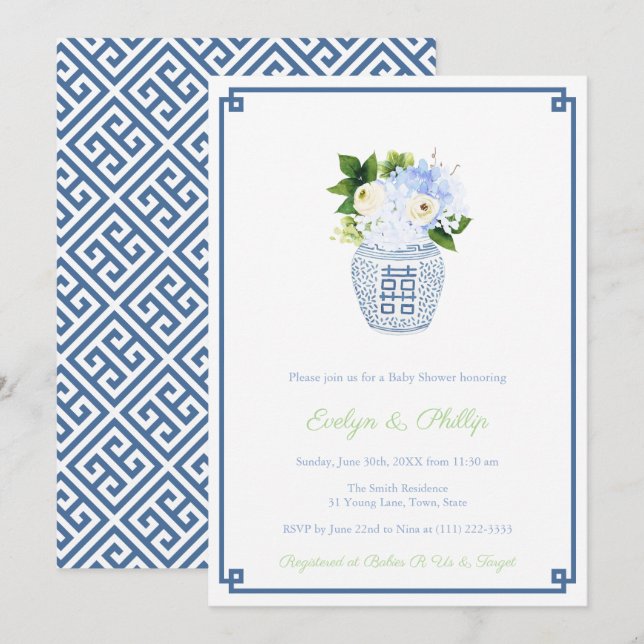Preppy Navy & Chartreuse Boy Baby Shower Party Invitation (Front/Back)