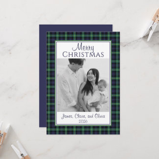 Preppy Navy Green Plaid Year Photo Christmas Card
