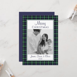 Preppy Navy Green Plaid Year Photo Christmas Card
