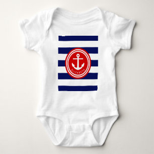 Preppy Navy Nautical Stripe Anchor Monogram on Red Baby Bodysuit
