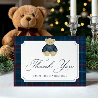 Preppy Navy Plaid Teddy Bear Baby Shower Thank You Card