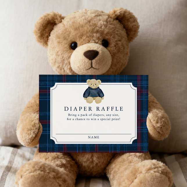 Preppy Navy Plaid Teddy Bear Diaper Raffle Enclosure Card (Creator Uploaded)