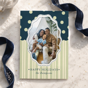 Preppy Navy Polka Dot & Sage Stripe Holiday Photo Card