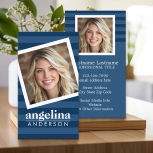 Preppy Navy Striped Pattern Custom Name and Photo Business Card