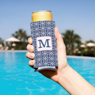 Preppy Navy White Octagon Geometric Monogram Seltzer Can Cooler