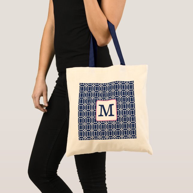 Preppy Navy White Octagon Geometric Monogram  Tote Bag (Front (Product))