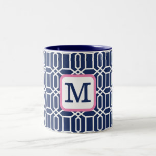 Preppy Navy White Octagon Geometric Monogram Two-Tone Coffee Mug
