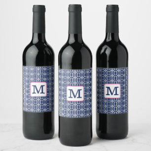Preppy Navy White Octagon Geometric Monogram Wine Label