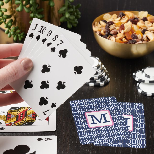 Preppy Navy White Octagon Monogram Playing Cards (In Situ)