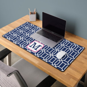 Preppy Navy White Octagon Pattern / Navy Monogram Desk Mat