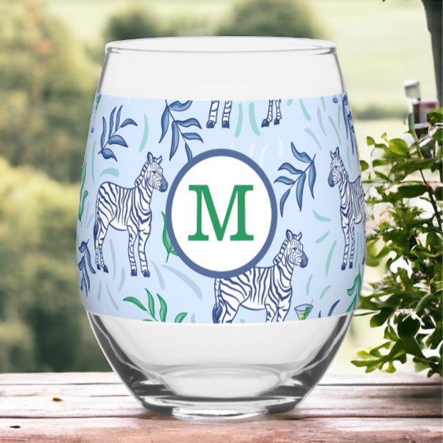 Preppy Navy Zebra Martinis Blue Monogram  Stemless Wine Glass (Creator Uploaded)