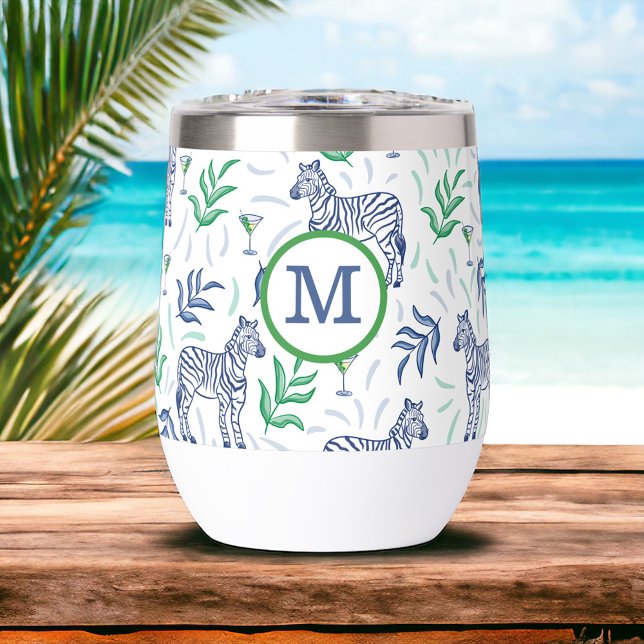 Preppy Navy Zebra Martinis White Monogram  (Creator Uploaded)